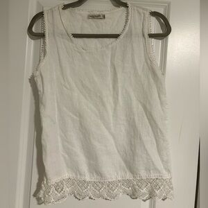 Lauren Bianchi Ivory Lace Accent Sleeveless linen blouse size small